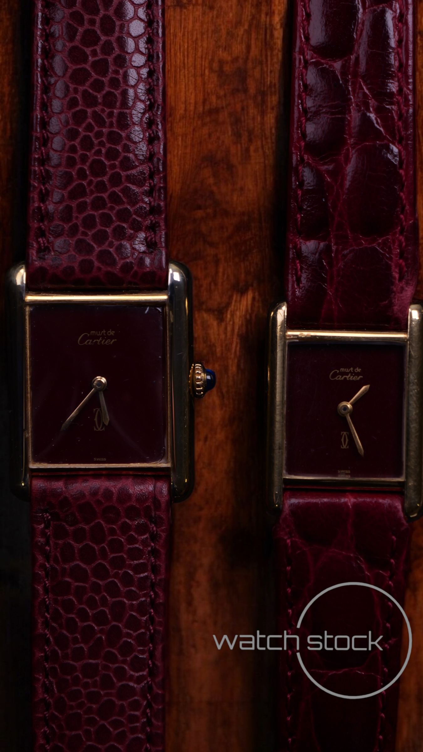 Coppia di Cartier tank vermeil must de cartier argent plaque gold burgundy dial meccanico box