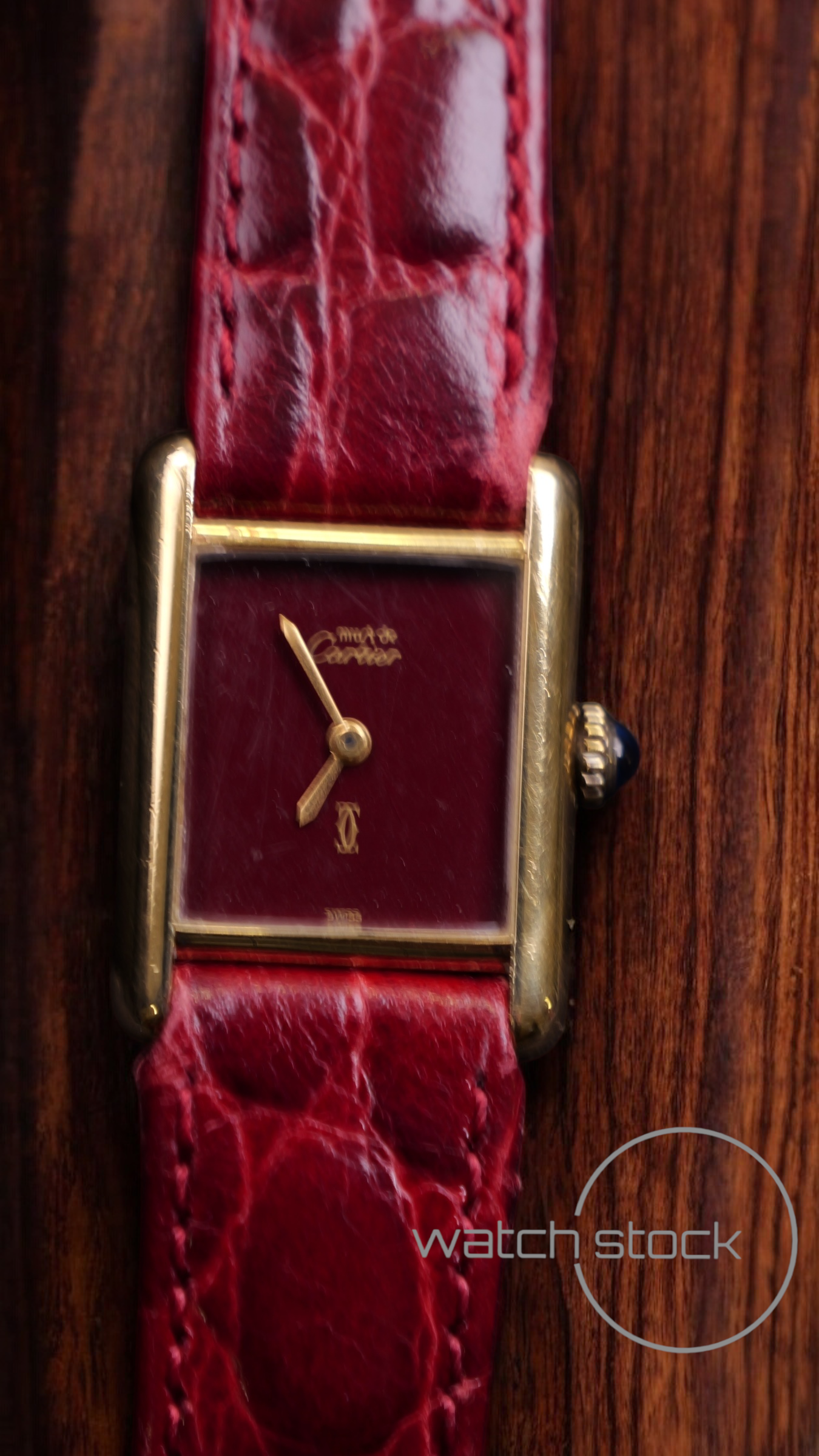 Cartier tank vermeil must de cartier argent plaque gold burgundy dial meccanico box