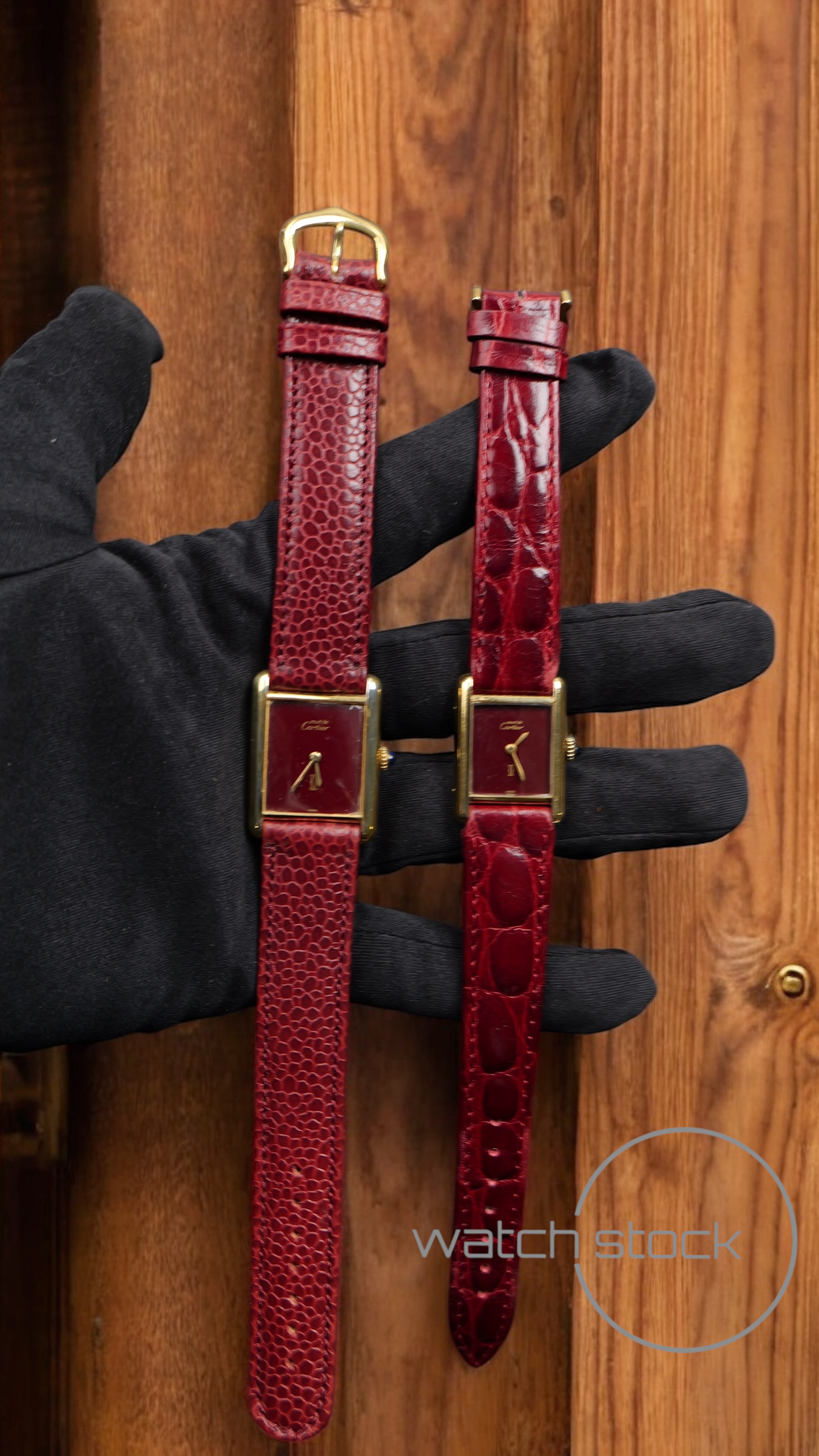 Coppia di Cartier tank vermeil must de cartier argent plaque gold burgundy dial meccanico box