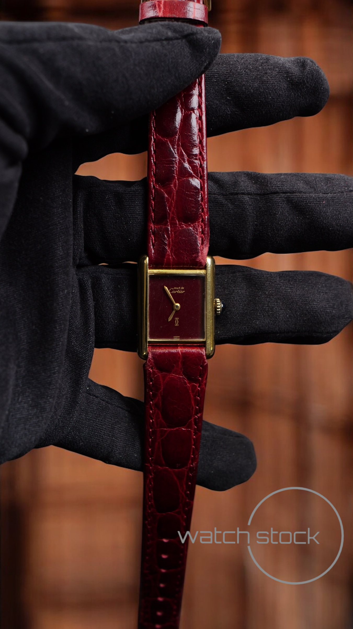 Cartier tank vermeil must de cartier argent plaque gold burgundy dial meccanico box