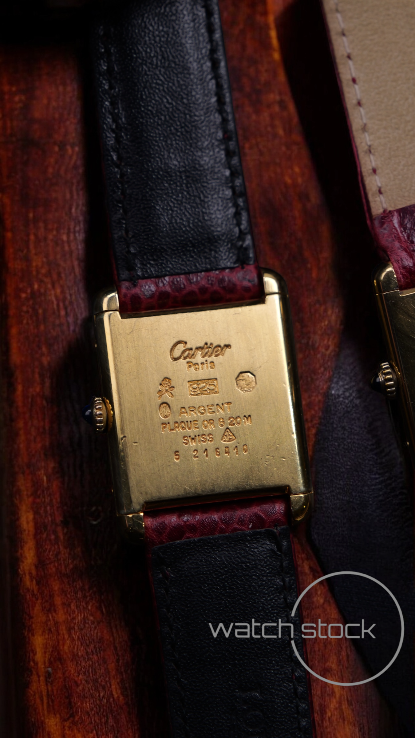 Coppia di Cartier tank vermeil must de cartier argent plaque gold burgundy dial meccanico box