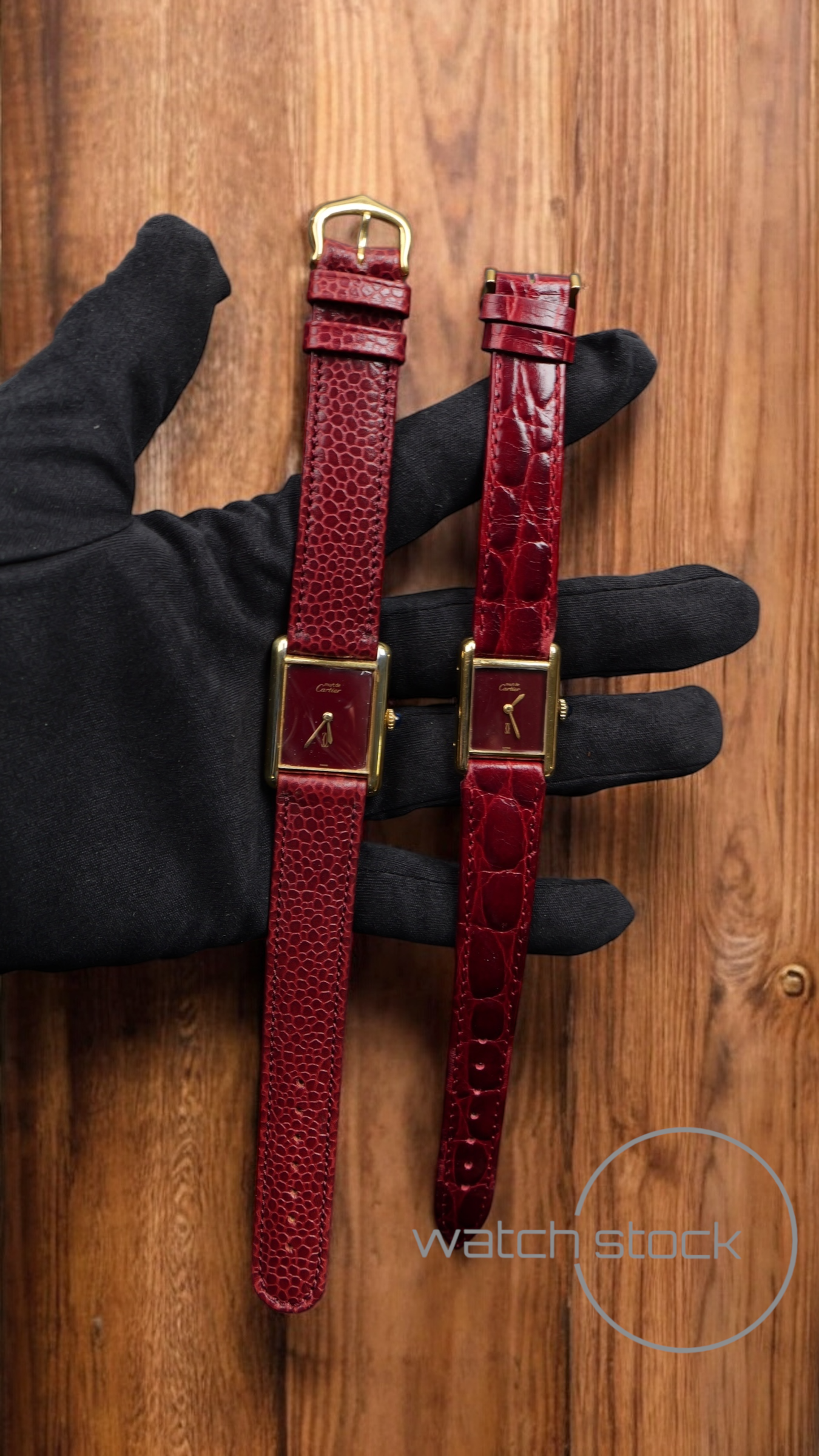 Coppia di Cartier tank vermeil must de cartier argent plaque gold burgundy dial meccanico box