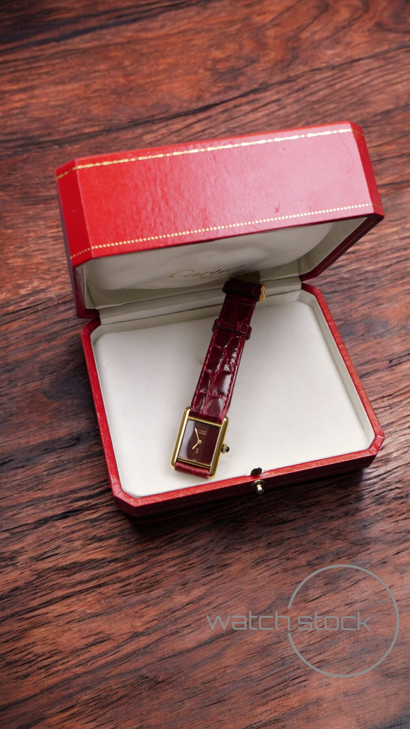 Cartier tank vermeil must de cartier argent plaque gold burgundy dial meccanico box