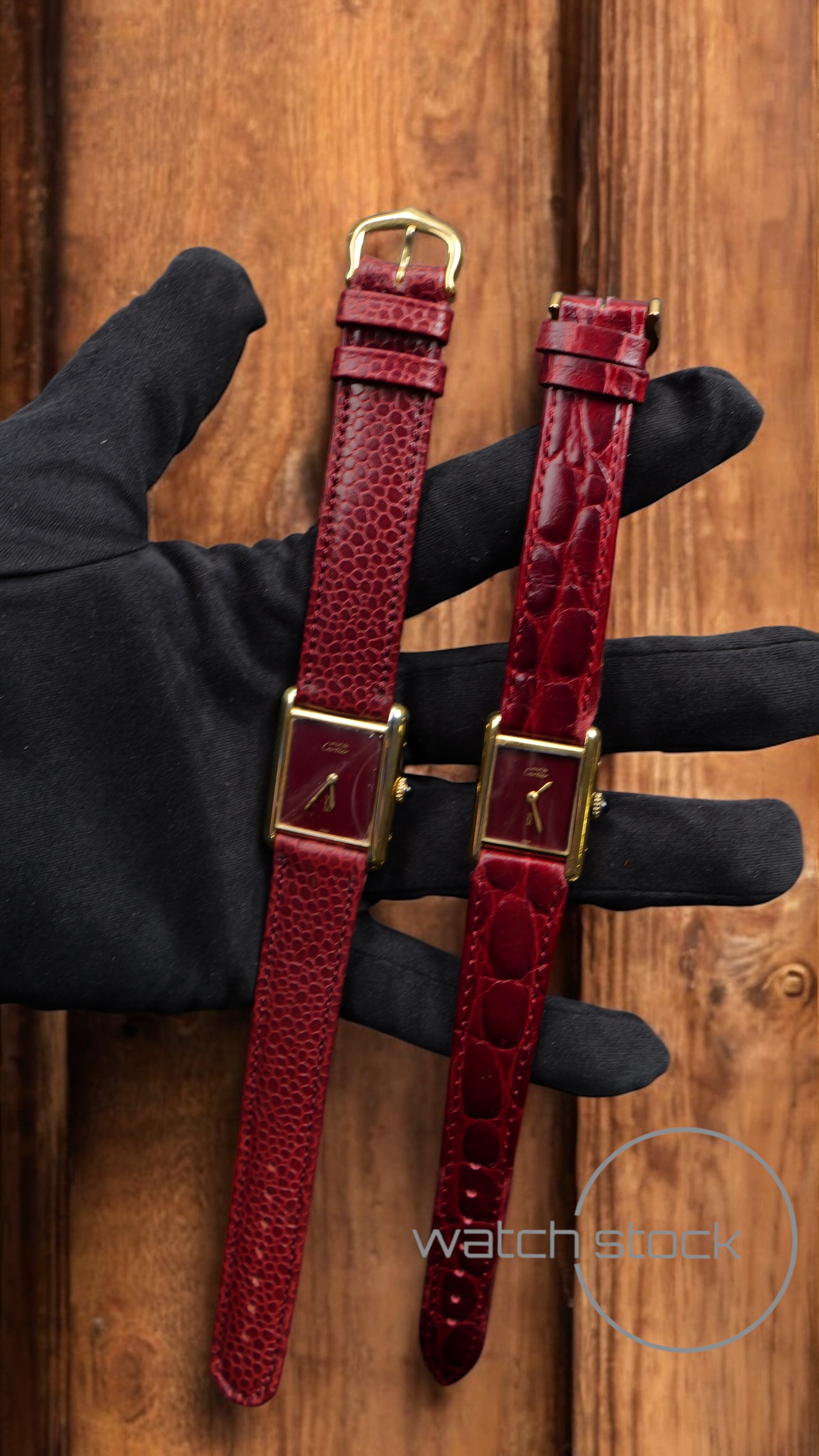 Coppia di Cartier tank vermeil must de cartier argent plaque gold burgundy dial meccanico box