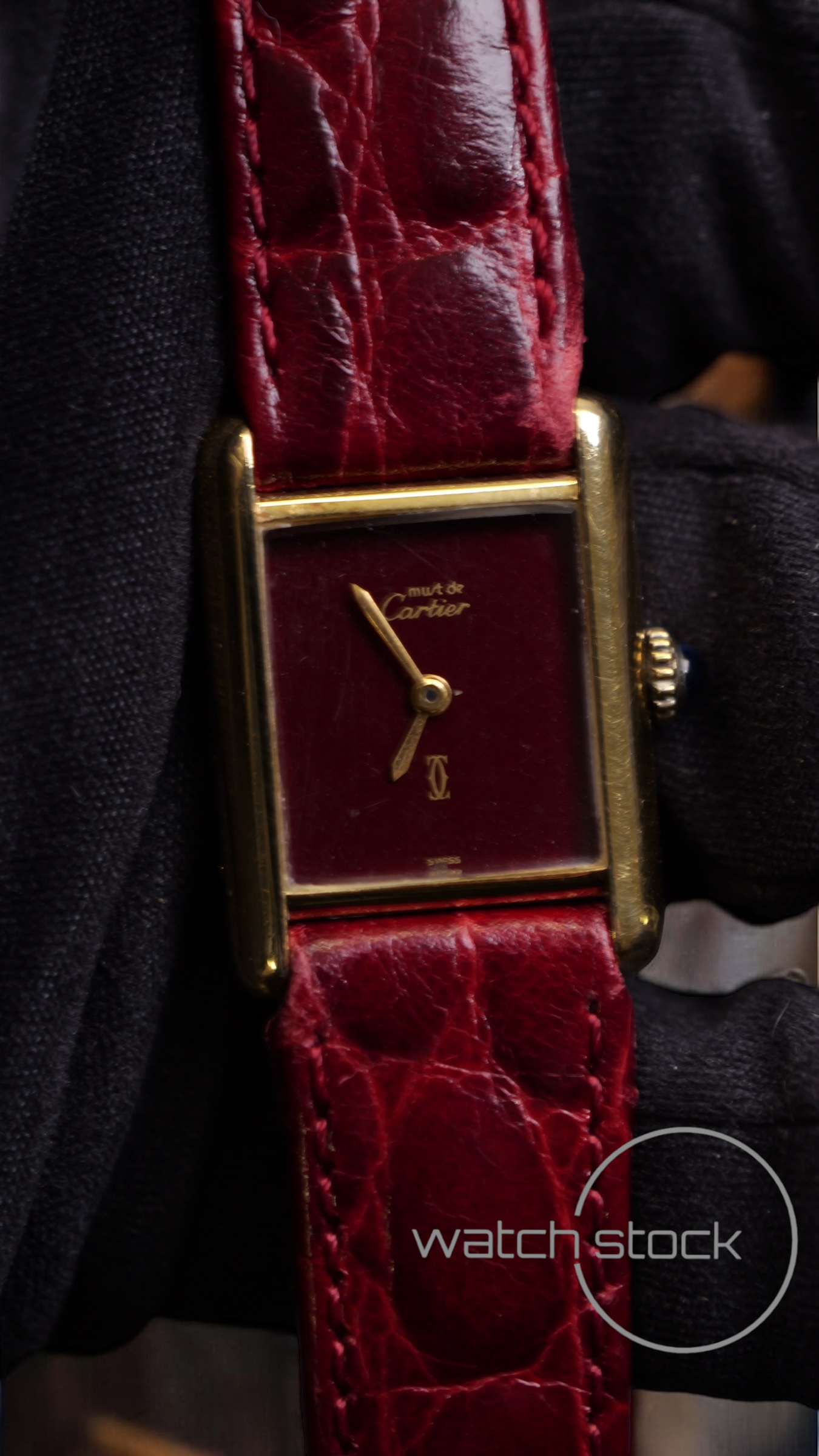 Cartier tank vermeil must de cartier argent plaque gold burgundy dial meccanico box