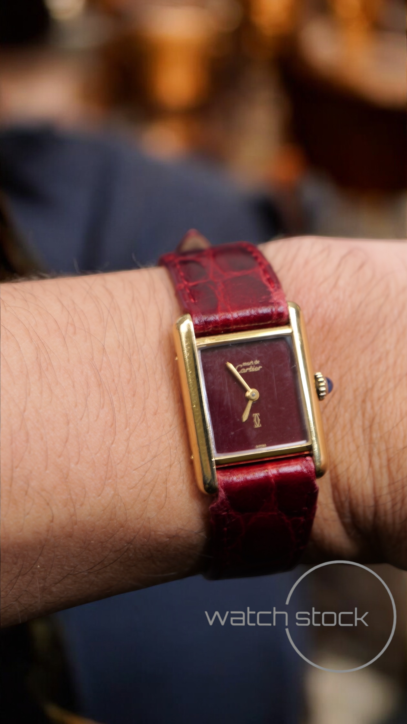 Cartier tank vermeil must de cartier argent plaque gold burgundy dial meccanico box