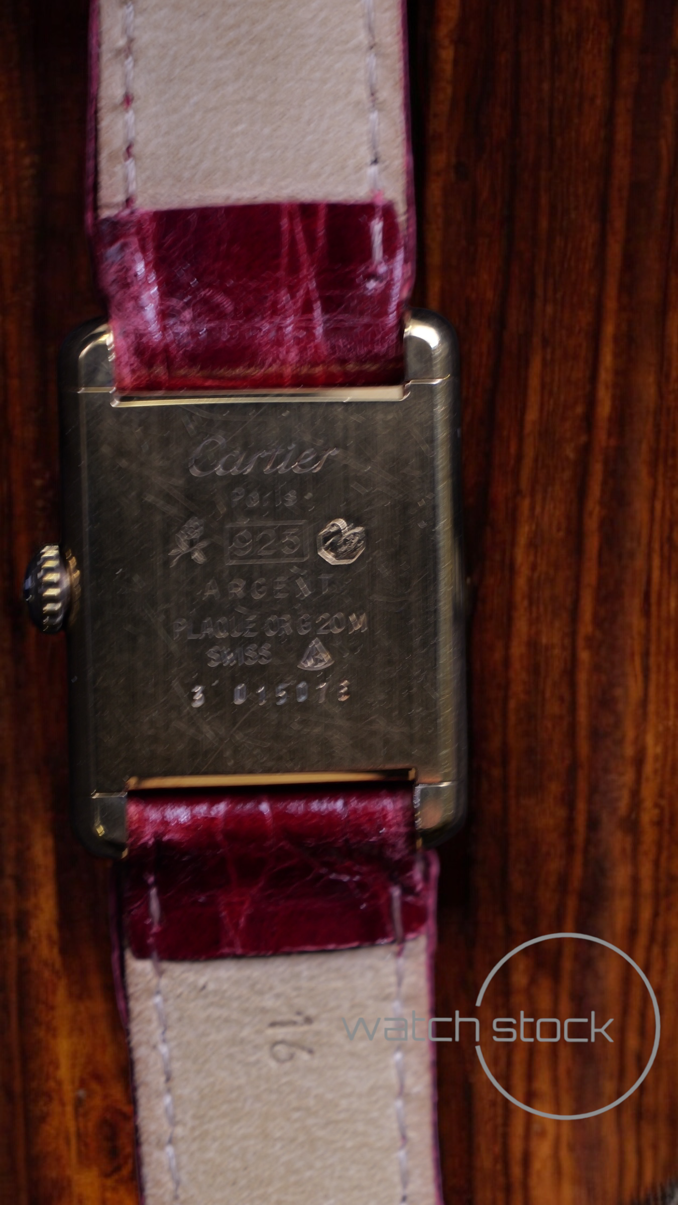 Cartier tank vermeil must de cartier argent plaque gold burgundy dial meccanico box