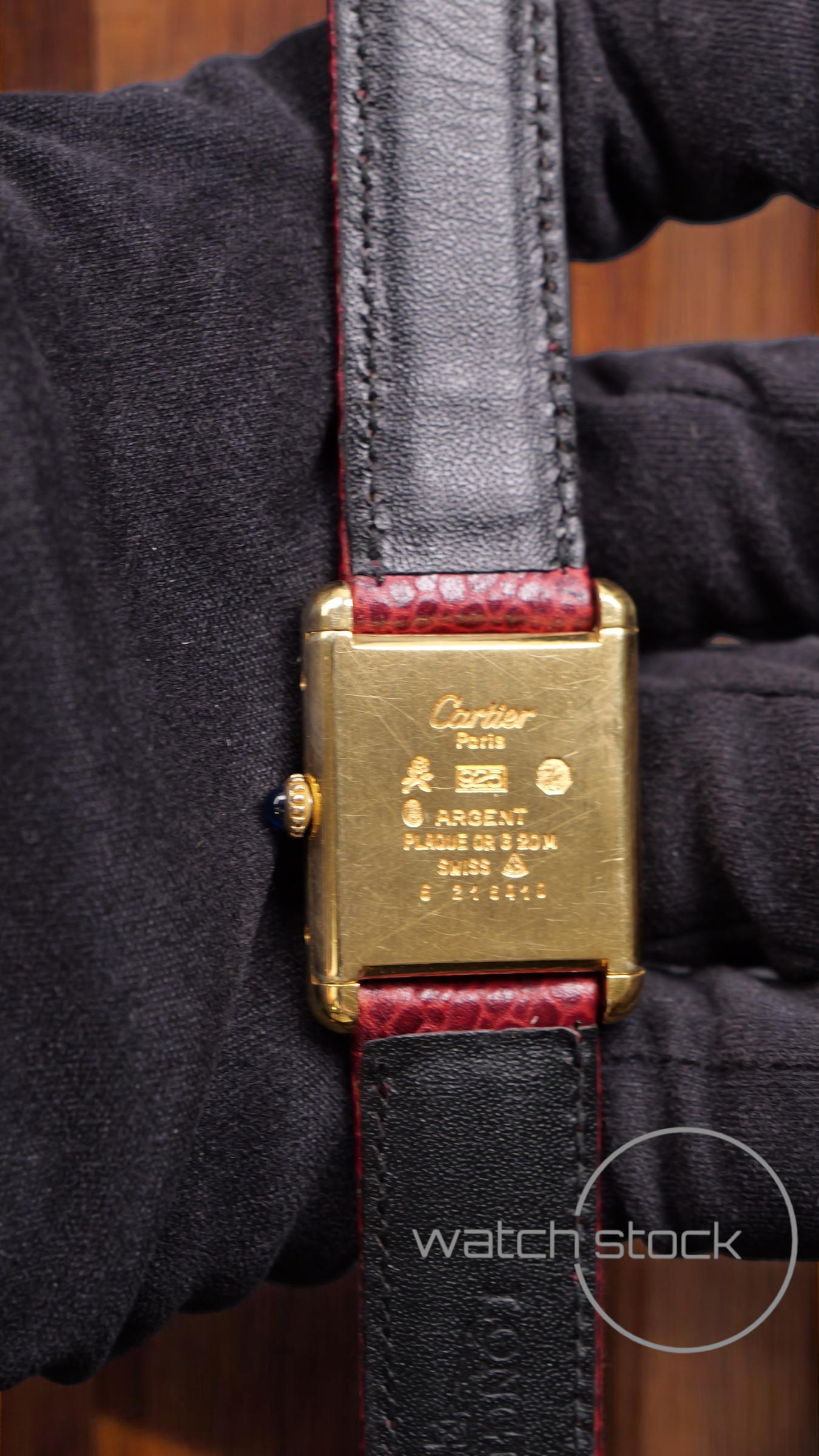 Cartier tank vermeil must de cartier argent plaque gold burgundy dial meccanico tg.6 grande