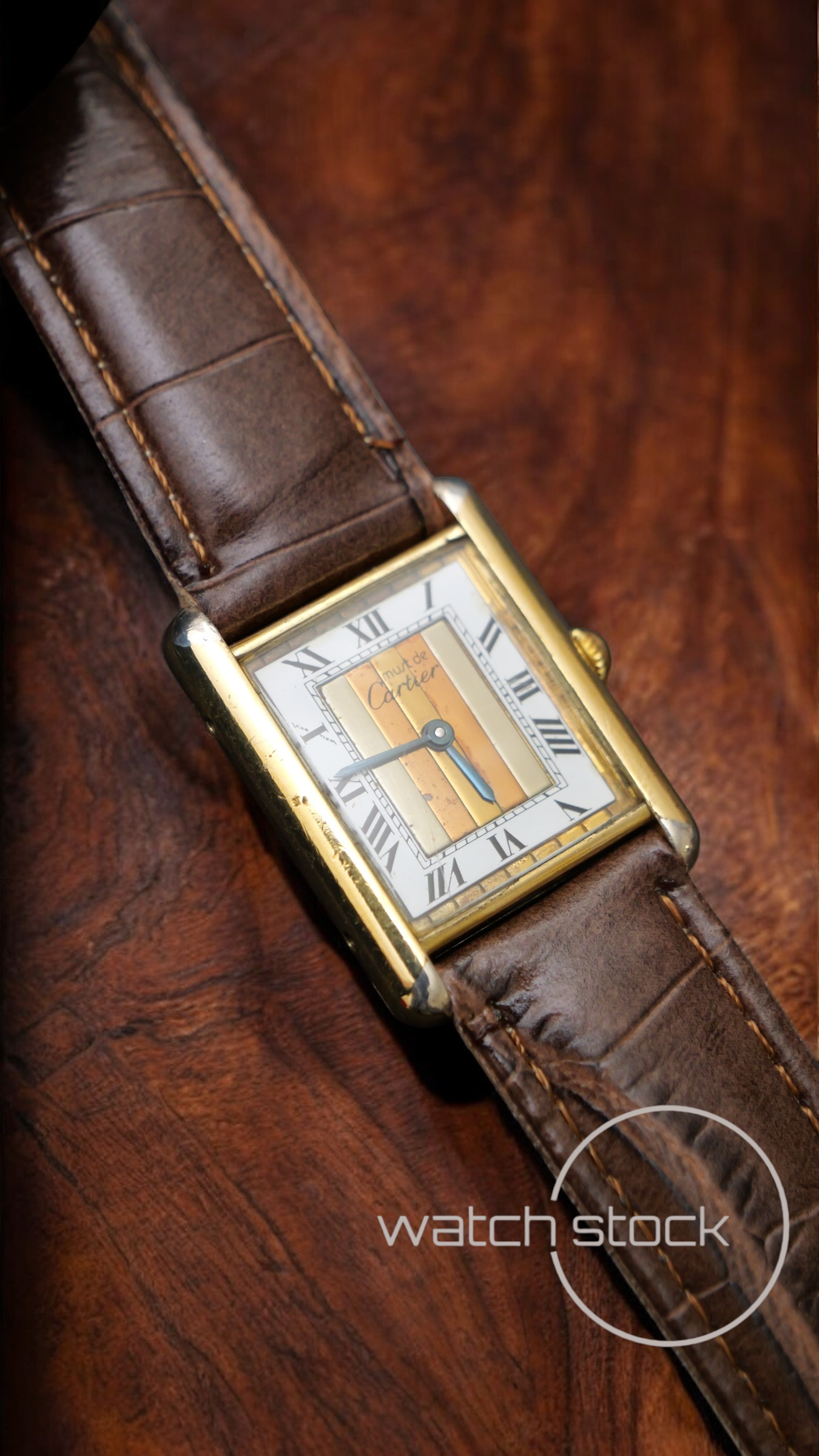 Cartier tank vermeil must de cartier argent plaque gold trinity dial quarz tg.6 grande