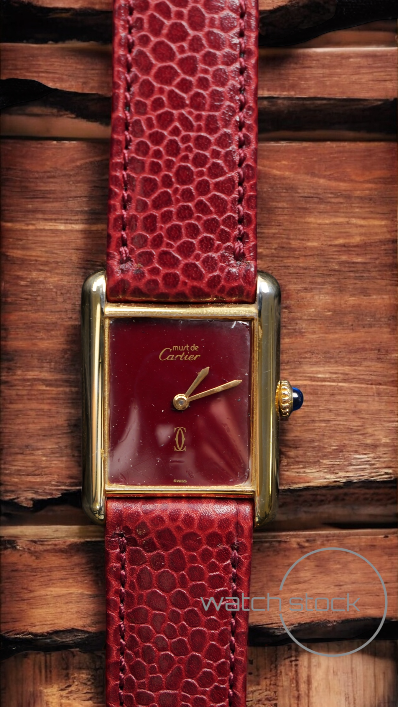 Cartier tank vermeil must de cartier argent plaque gold burgundy dial meccanico tg.6 grande