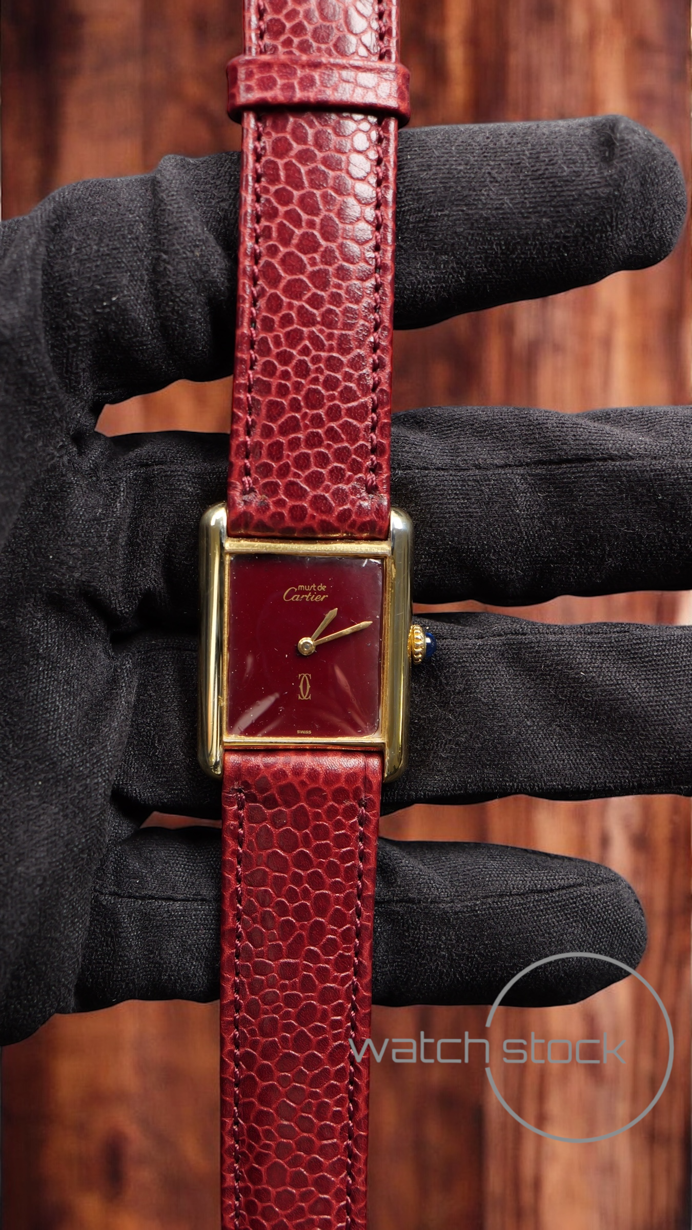 Cartier tank vermeil must de cartier argent plaque gold burgundy dial meccanico tg.6 grande