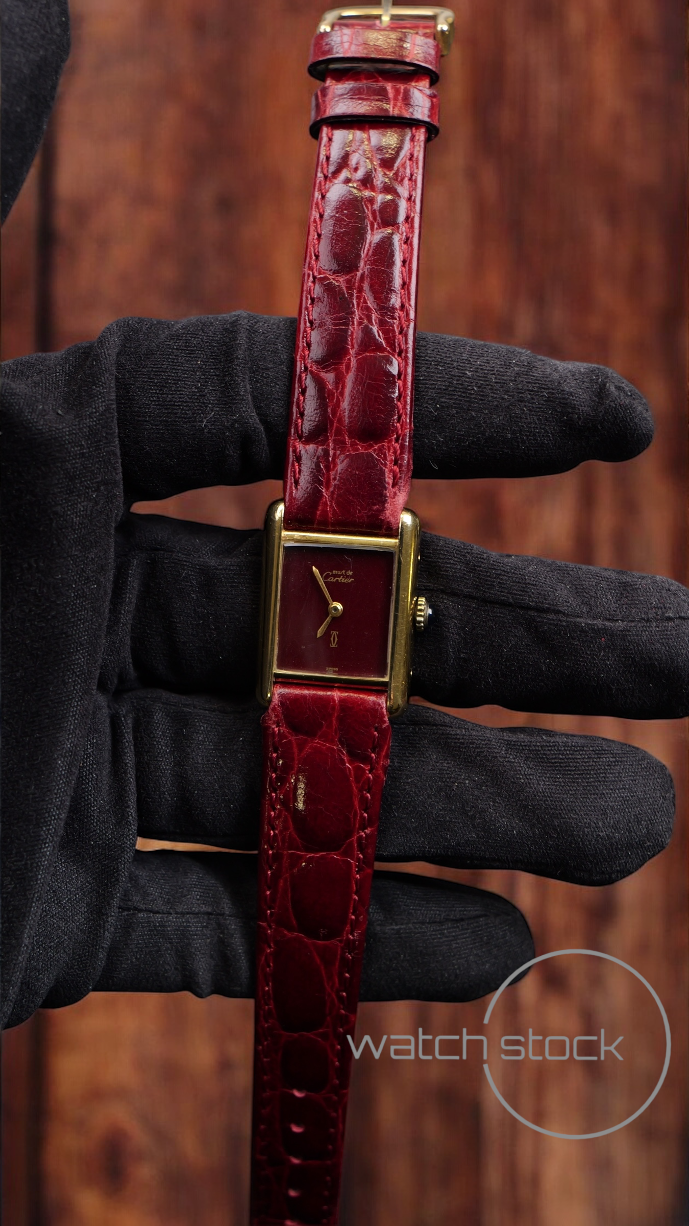 Cartier tank vermeil must de cartier argent plaque gold burgundy dial meccanico box