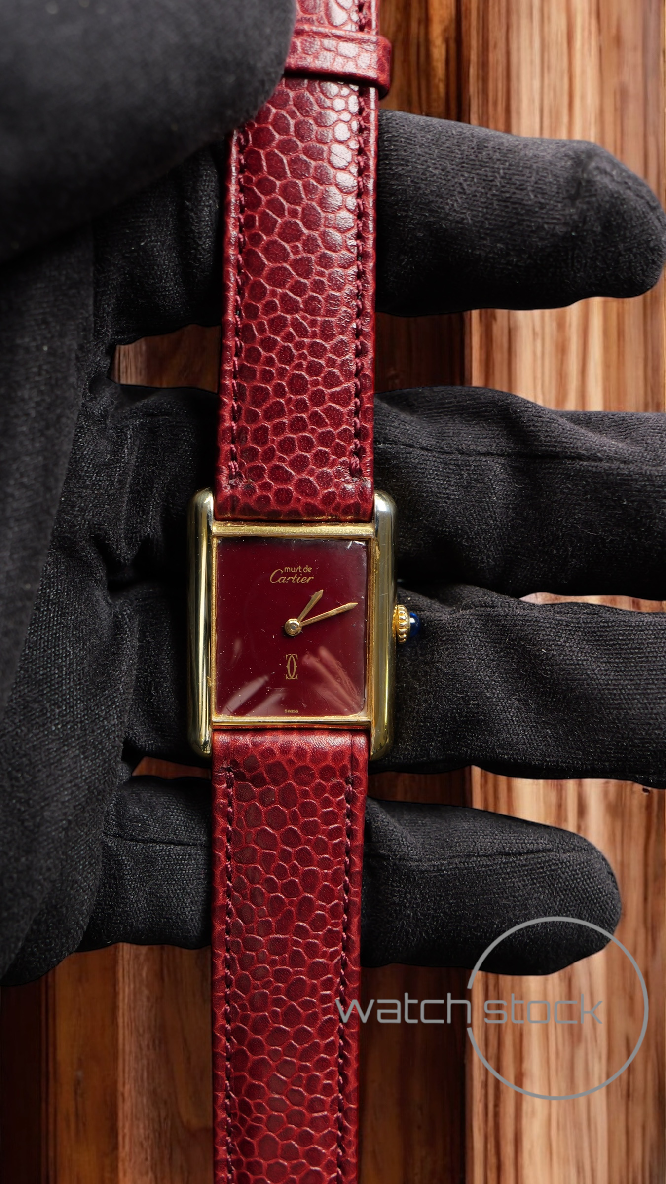 Cartier tank vermeil must de cartier argent plaque gold burgundy dial meccanico tg.6 grande