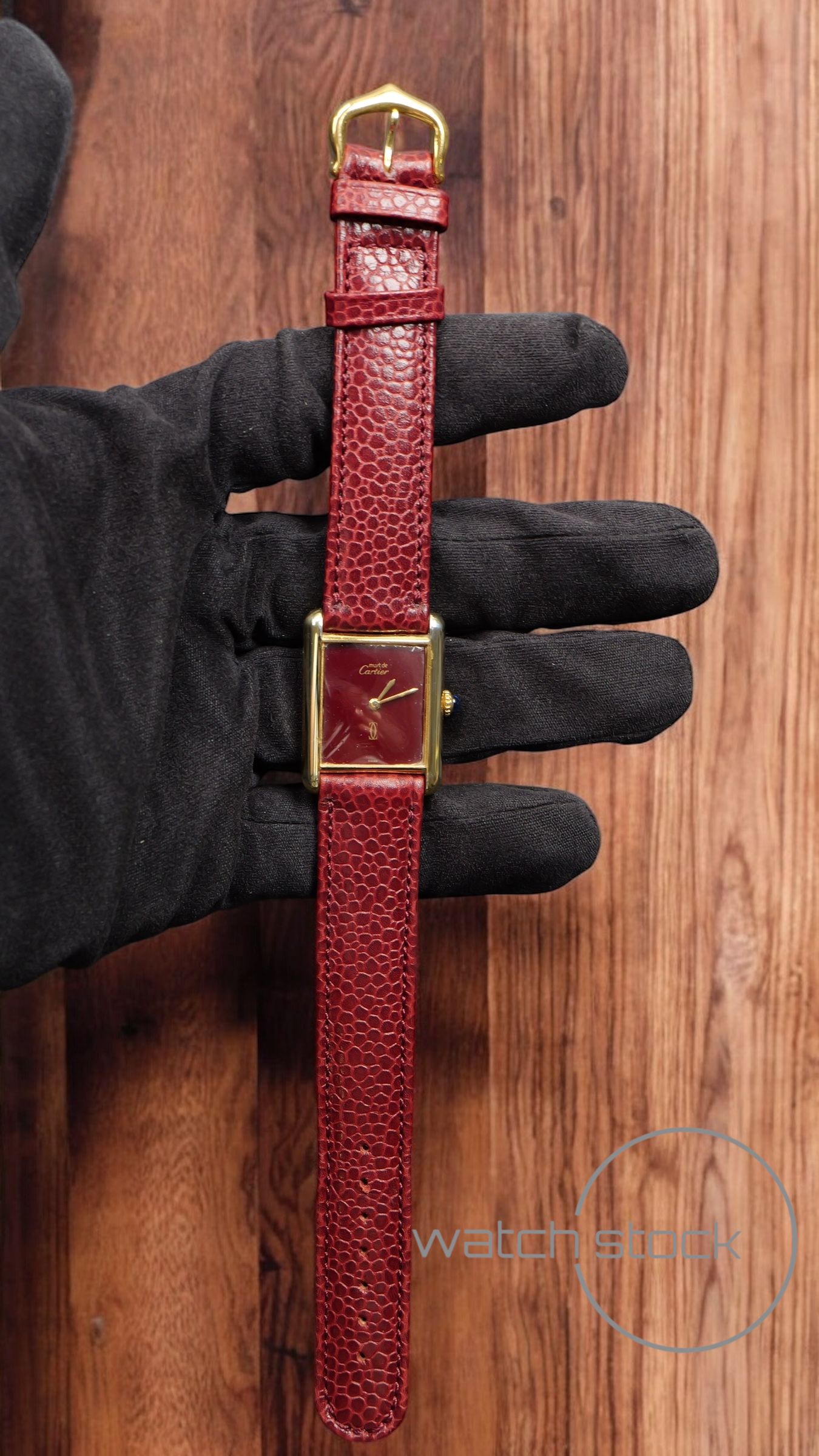 Cartier tank vermeil must de cartier argent plaque gold burgundy dial meccanico tg.6 grande