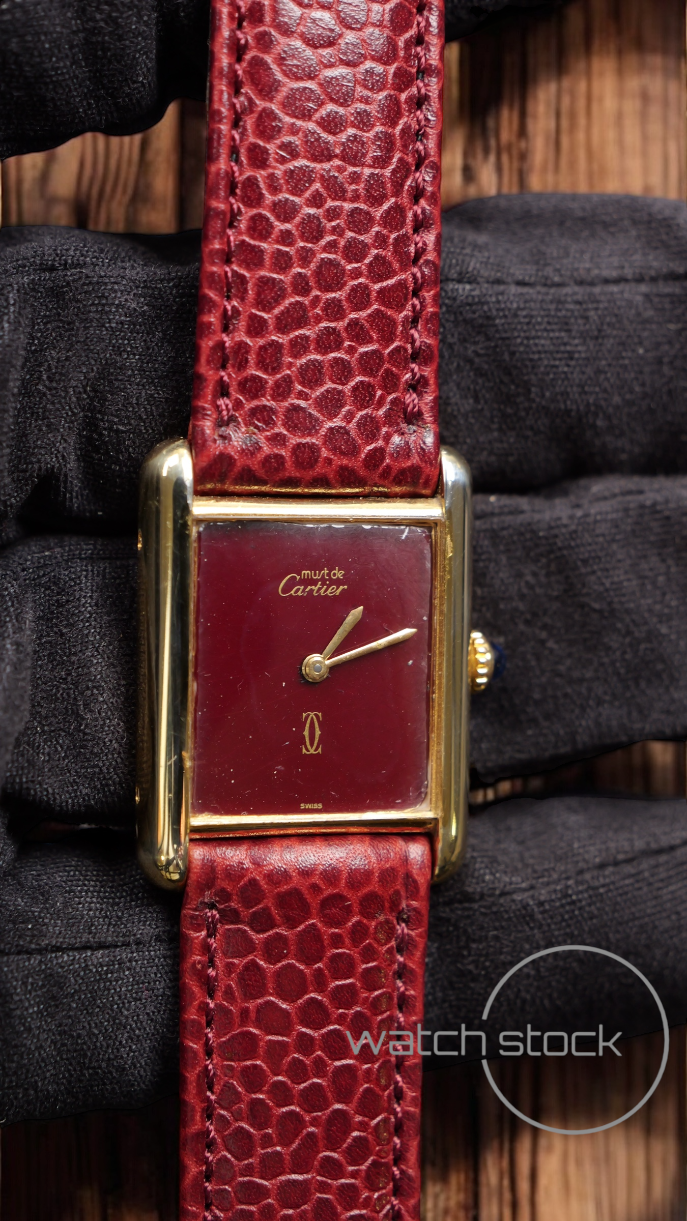Cartier tank vermeil must de cartier argent plaque gold burgundy dial meccanico tg.6 grande