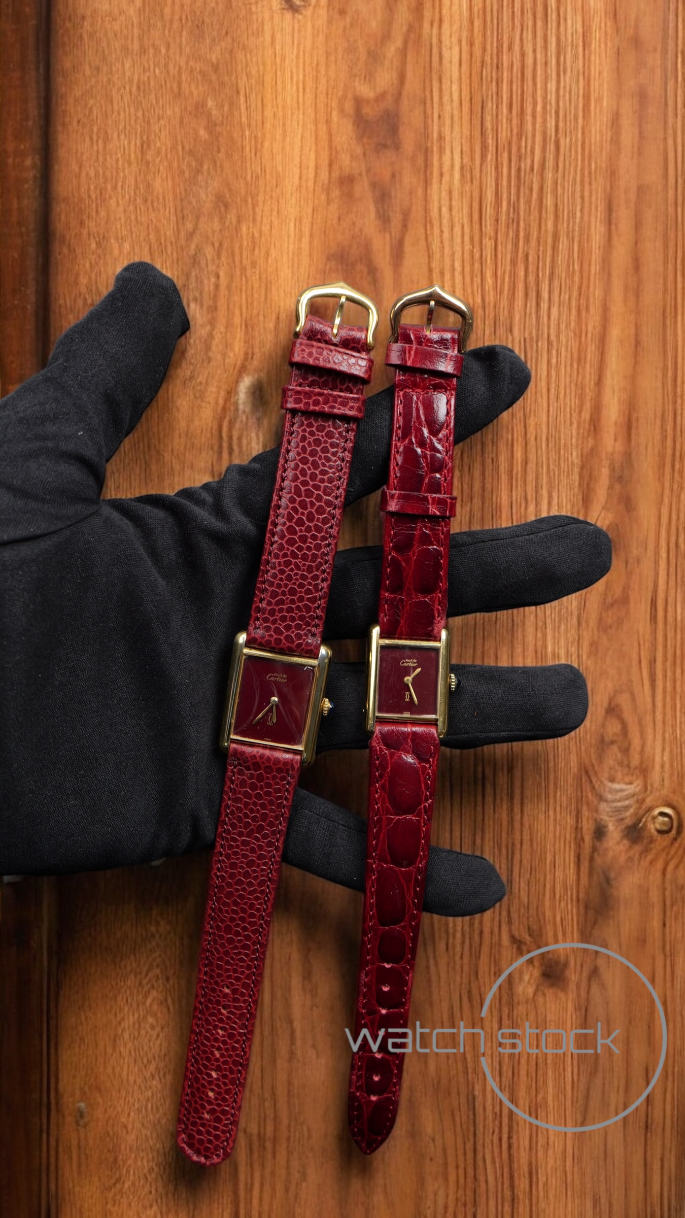 Coppia di Cartier tank vermeil must de cartier argent plaque gold burgundy dial meccanico box