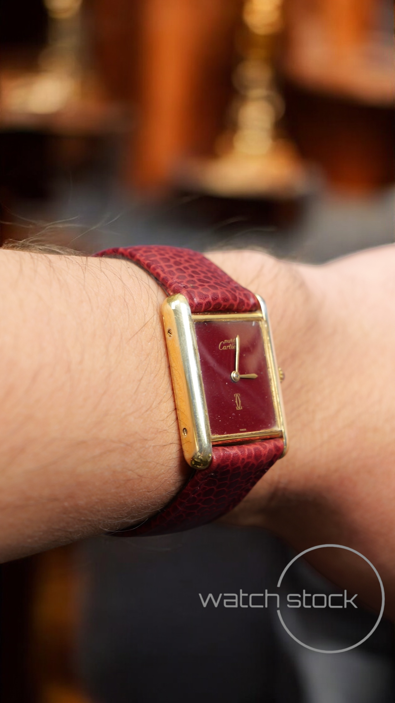 Cartier tank vermeil must de cartier argent plaque gold burgundy dial meccanico tg.6 grande