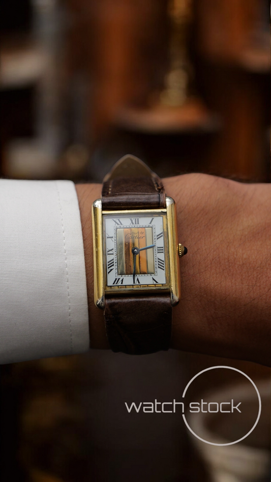 Cartier tank vermeil must de cartier argent plaque gold trinity dial quarz tg.6 grande