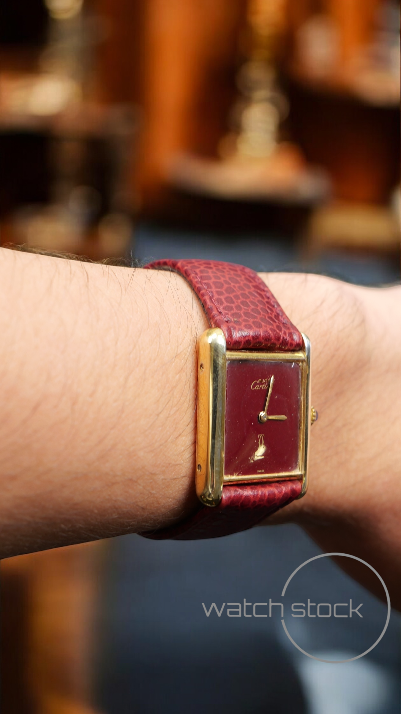 Cartier tank vermeil must de cartier argent plaque gold burgundy dial meccanico tg.6 grande