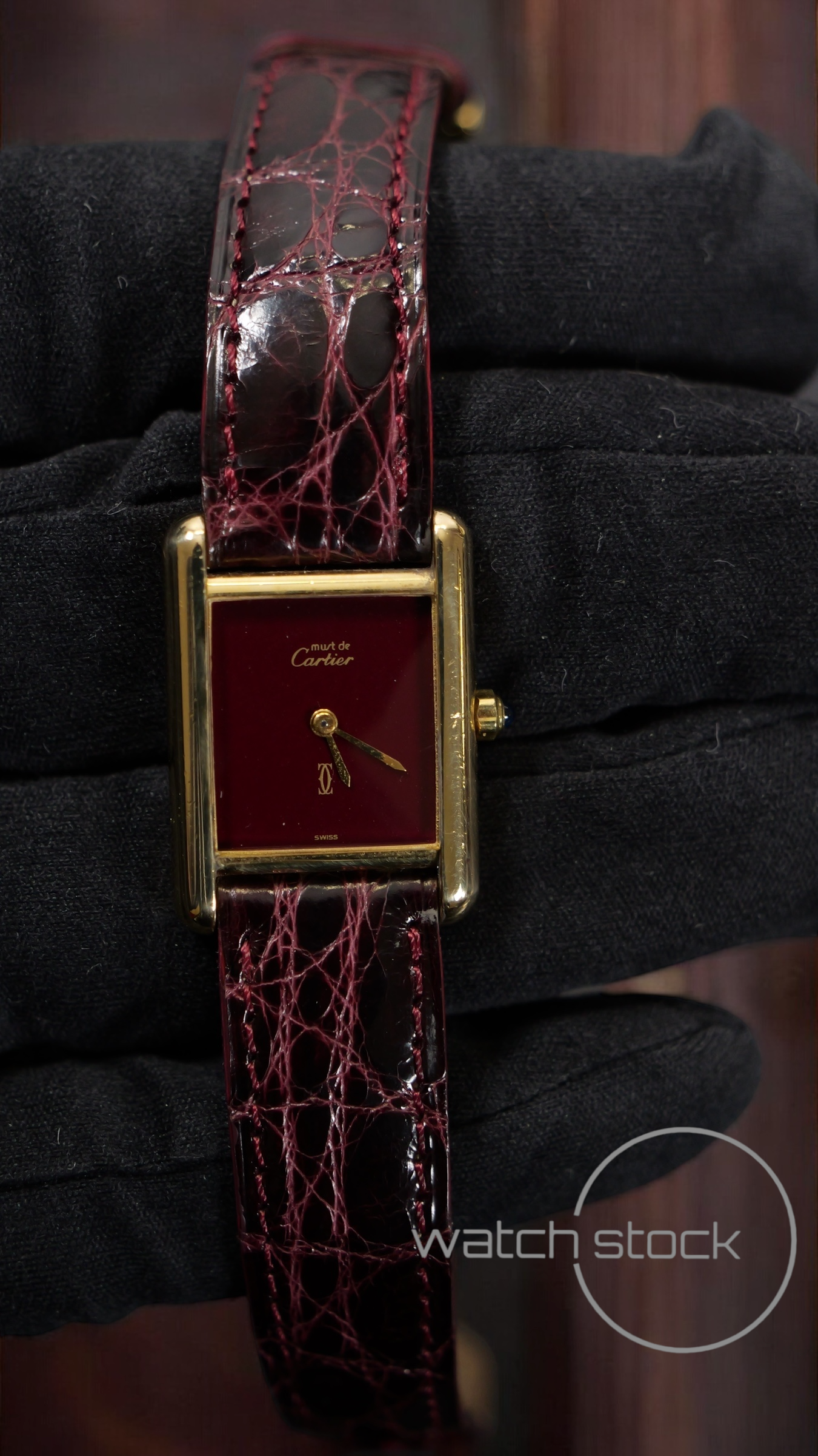 Cartier tank vermeil must de cartier argent plaque gold red dial quarz FULL SET