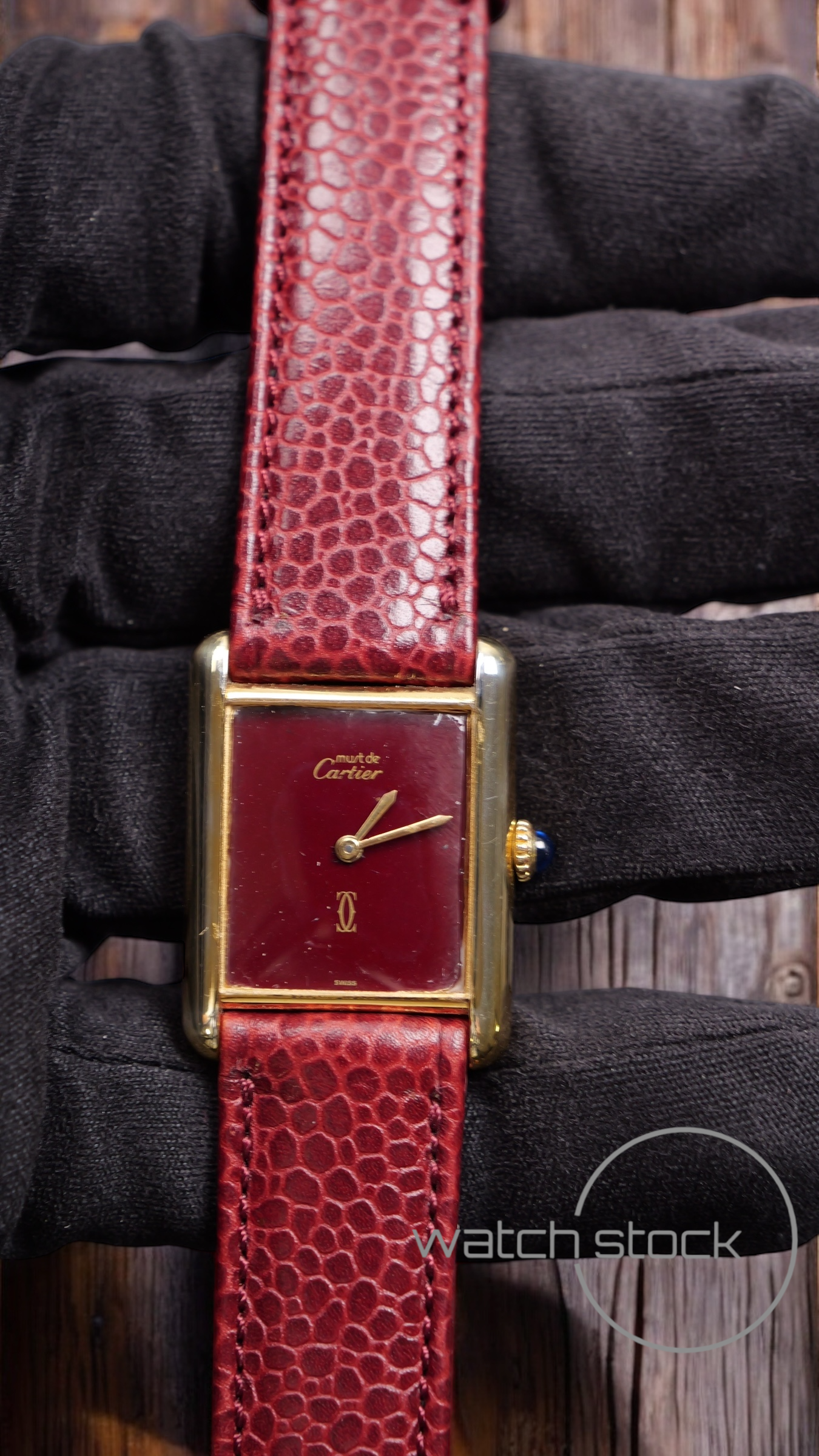 Cartier tank vermeil must de cartier argent plaque gold burgundy dial meccanico tg.6 grande