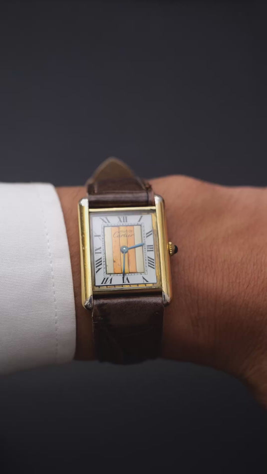 Cartier tank vermeil must de cartier argent plaque gold trinity dial quarz tg.6 grande